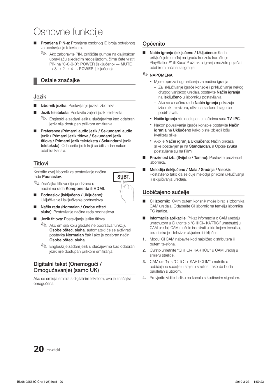 Osnovne funkcije, Fav.ch p.mode dual mts, Ostale značajke ¦ jezik | Titlovi, Općenito, Uobičajeno sučelje, Media.p | Samsung LE19C350D1W User Manual | Page 185 / 331