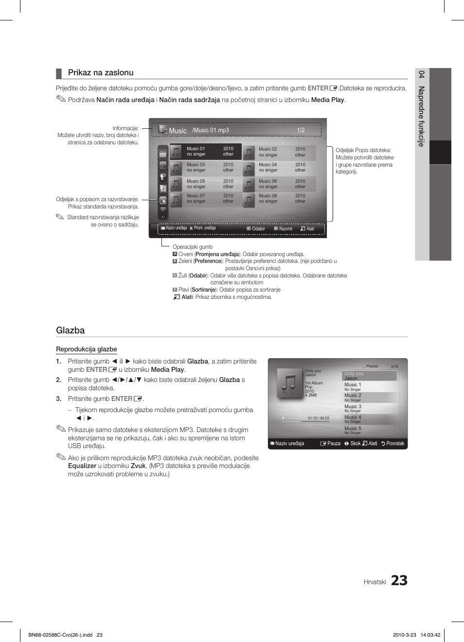 Glazba, Prikaz na zaslonu, 04 napr edne funkcije | Music | Samsung LE19C350D1W User Manual | Page 188 / 331