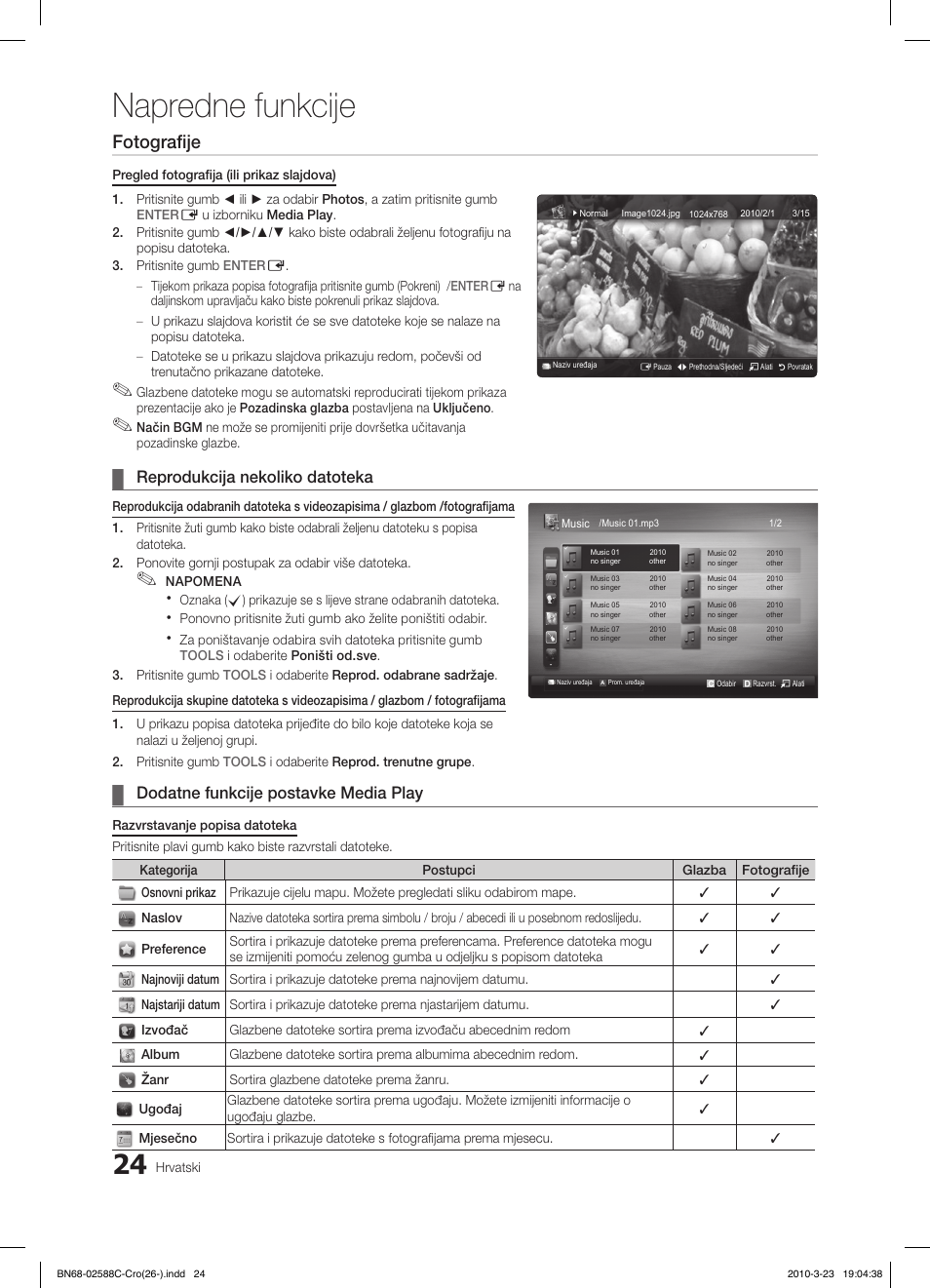 Napredne funkcije, Fotografije, Reprodukcija nekoliko datoteka | Dodatne funkcije postavke media play | Samsung LE19C350D1W User Manual | Page 189 / 331