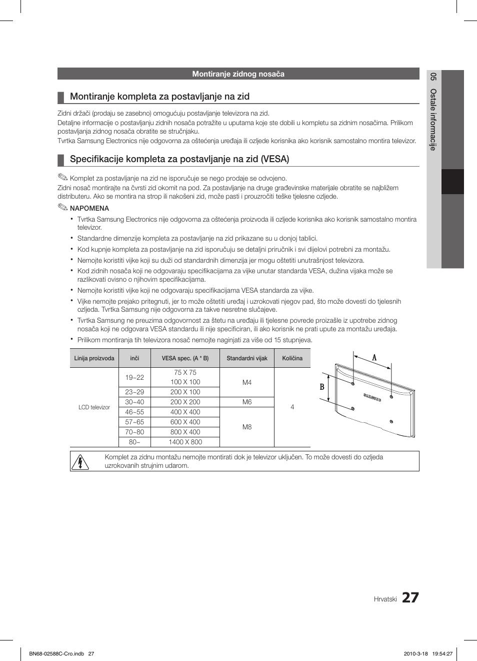 Montiranje kompleta za postavljanje na zid | Samsung LE19C350D1W User Manual | Page 192 / 331