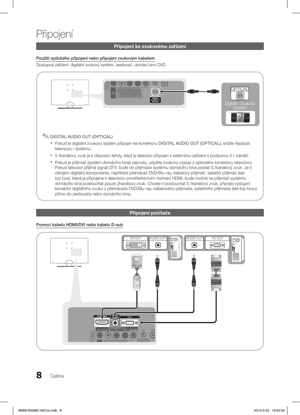 Připojení, Připojení ke zvukovému zařízení, Připojení počítače | Samsung LE19C350D1W User Manual | Page 206 / 331