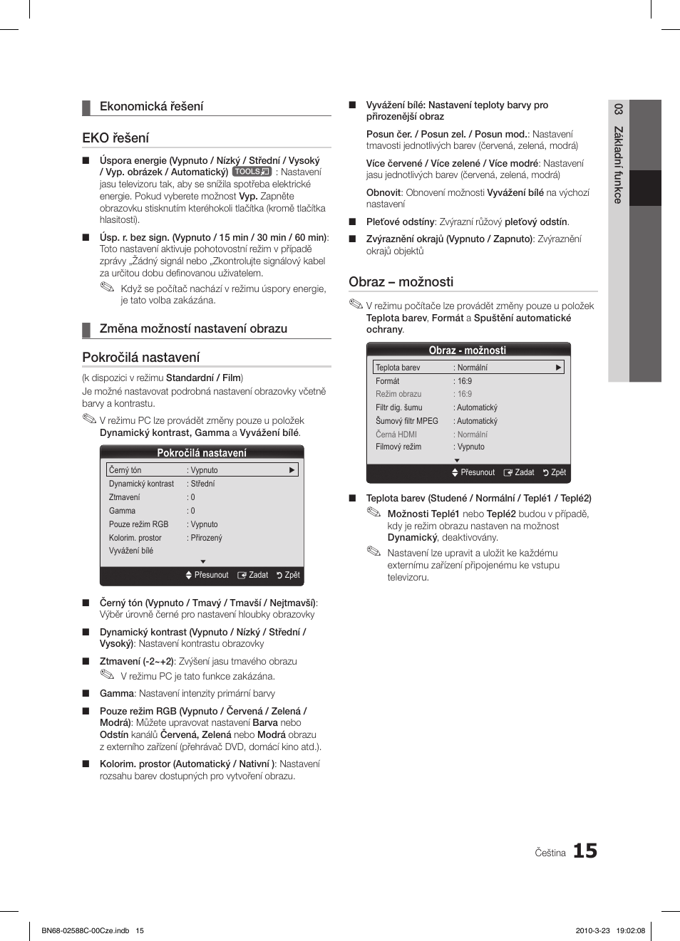 Eko řešení, Pokročilá nastavení, Obraz – možnosti | Samsung LE19C350D1W User Manual | Page 213 / 331