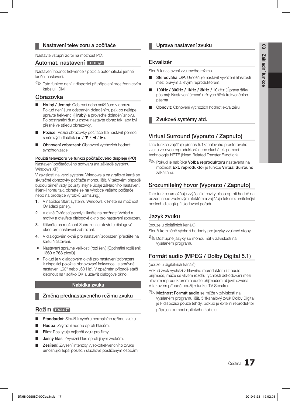 Automat. nastavení, Obrazovka, Režim | Ekvalizér, Virtual surround (vypnuto / zapnuto), Srozumitelný hovor (vypnuto / zapnuto), Jazyk zvuku, Formát audio (mpeg / dolby digital 5.1) | Samsung LE19C350D1W User Manual | Page 215 / 331