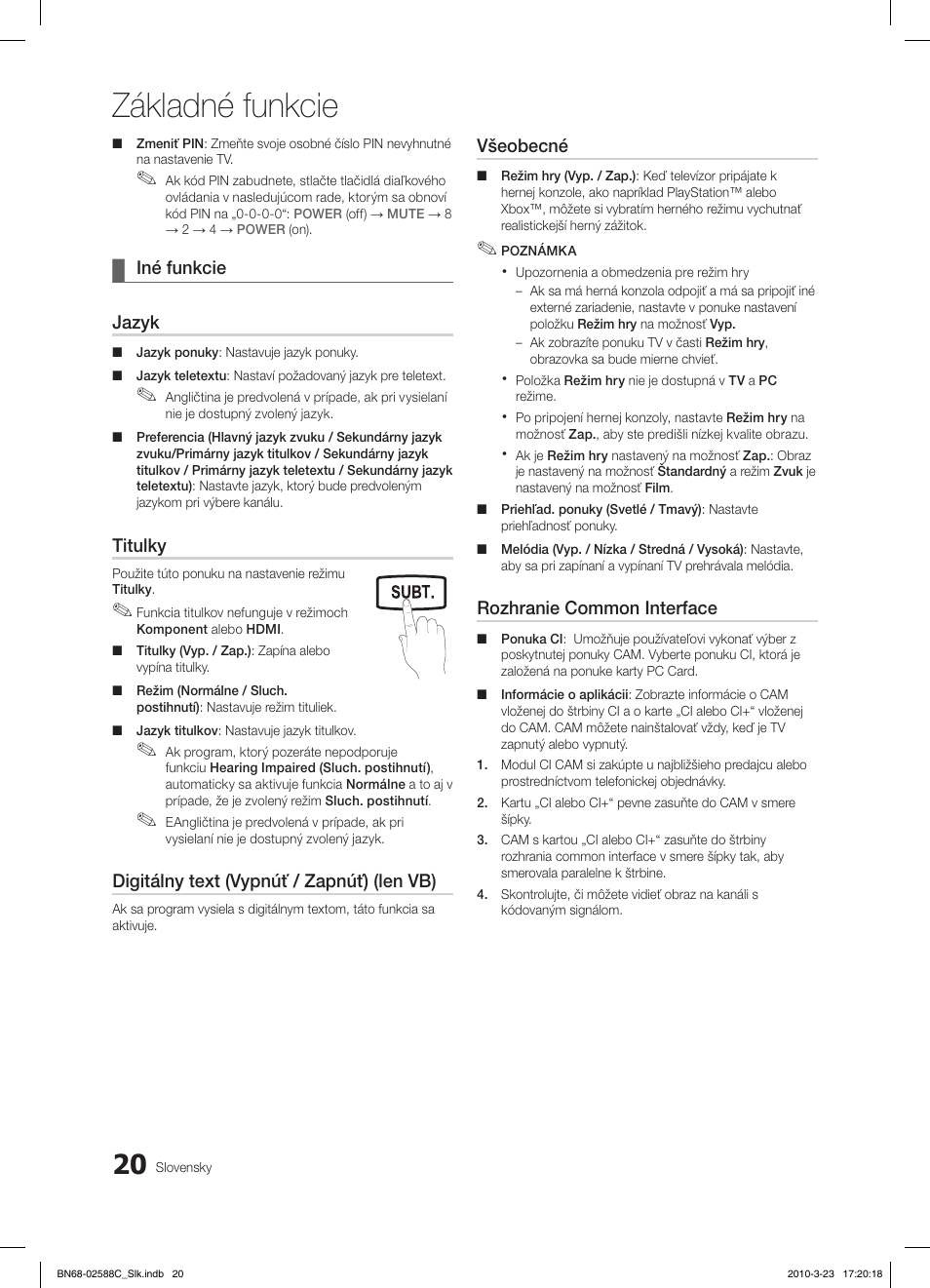 Základné funkcie, Fav.ch p.mode dual mts, Iné funkcie ¦ jazyk | Titulky, Digitálny text (vypnúť / zapnúť) (len vb), Všeobecné, Rozhranie common interface, Media.p | Samsung LE19C350D1W User Manual | Page 251 / 331