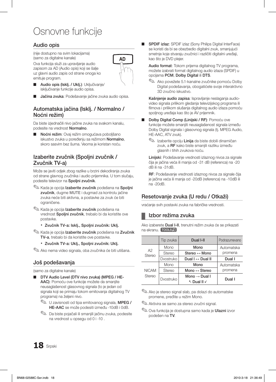 Osnovne funkcije, Fav.ch p.mode dual mts | Samsung LE19C350D1W User Manual | Page 315 / 331