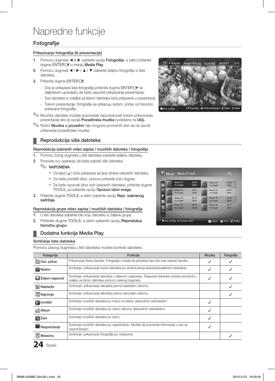 Napredne funkcije, Fotografije, Reprodukcija više datoteka | Dodatna funkcija media play | Samsung LE19C350D1W User Manual | Page 321 / 331
