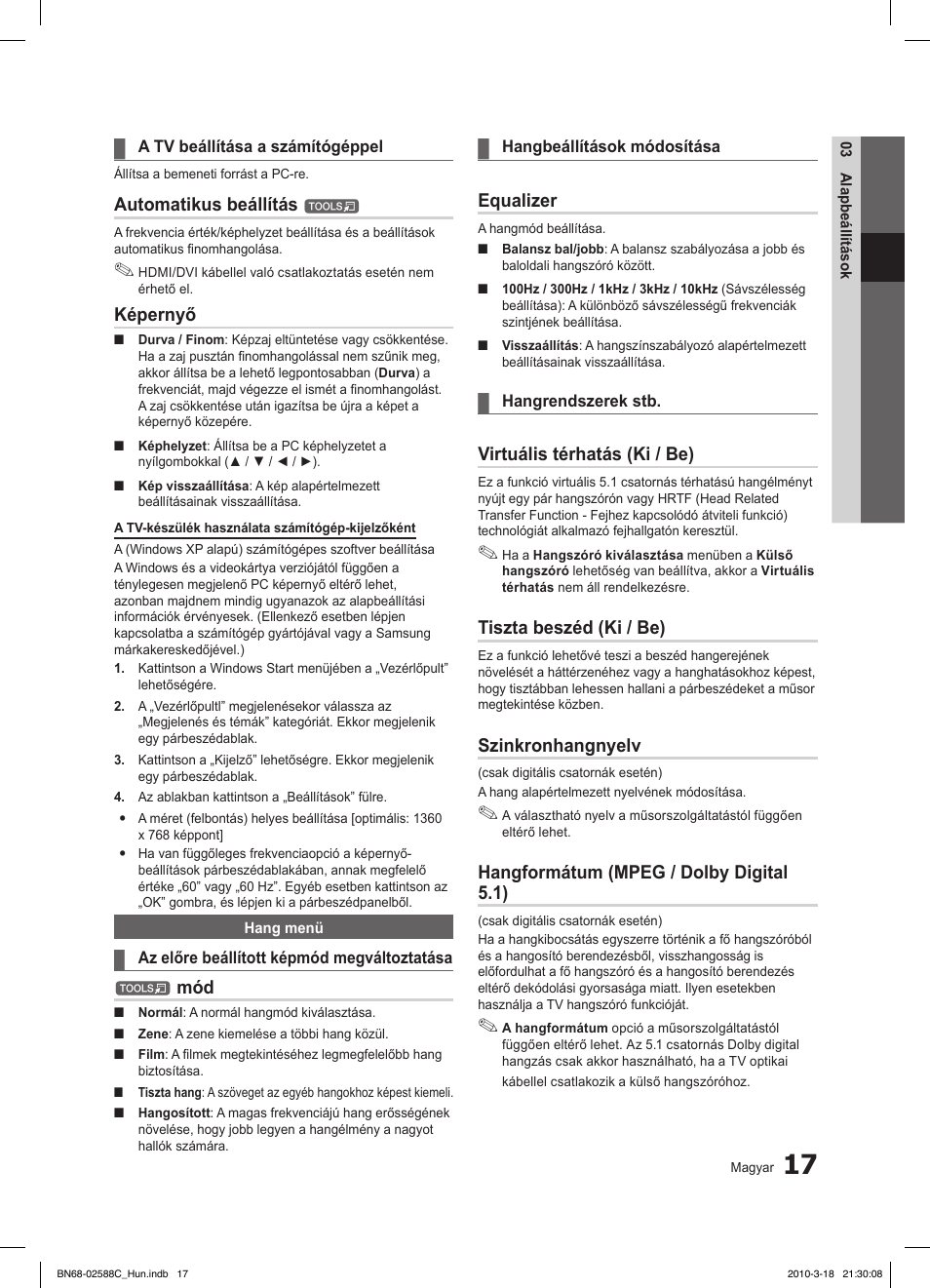 Automatikus beállítás, Képernyő, Equalizer | Virtuális térhatás (ki / be), Tiszta beszéd (ki / be), Szinkronhangnyelv, Hangformátum (mpeg / dolby digital 5.1) | Samsung LE19C350D1W User Manual | Page 50 / 331