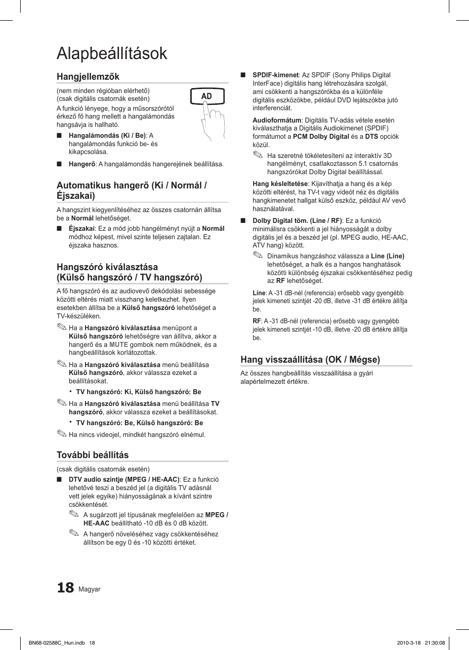 Alapbeállítások, Fav.ch p.mode dual mts, Hangjellemzők | Automatikus hangerő (ki / normál / éjszakai), További beállítás, Hang visszaállítása (ok / mégse), Media.p | Samsung LE19C350D1W User Manual | Page 51 / 331