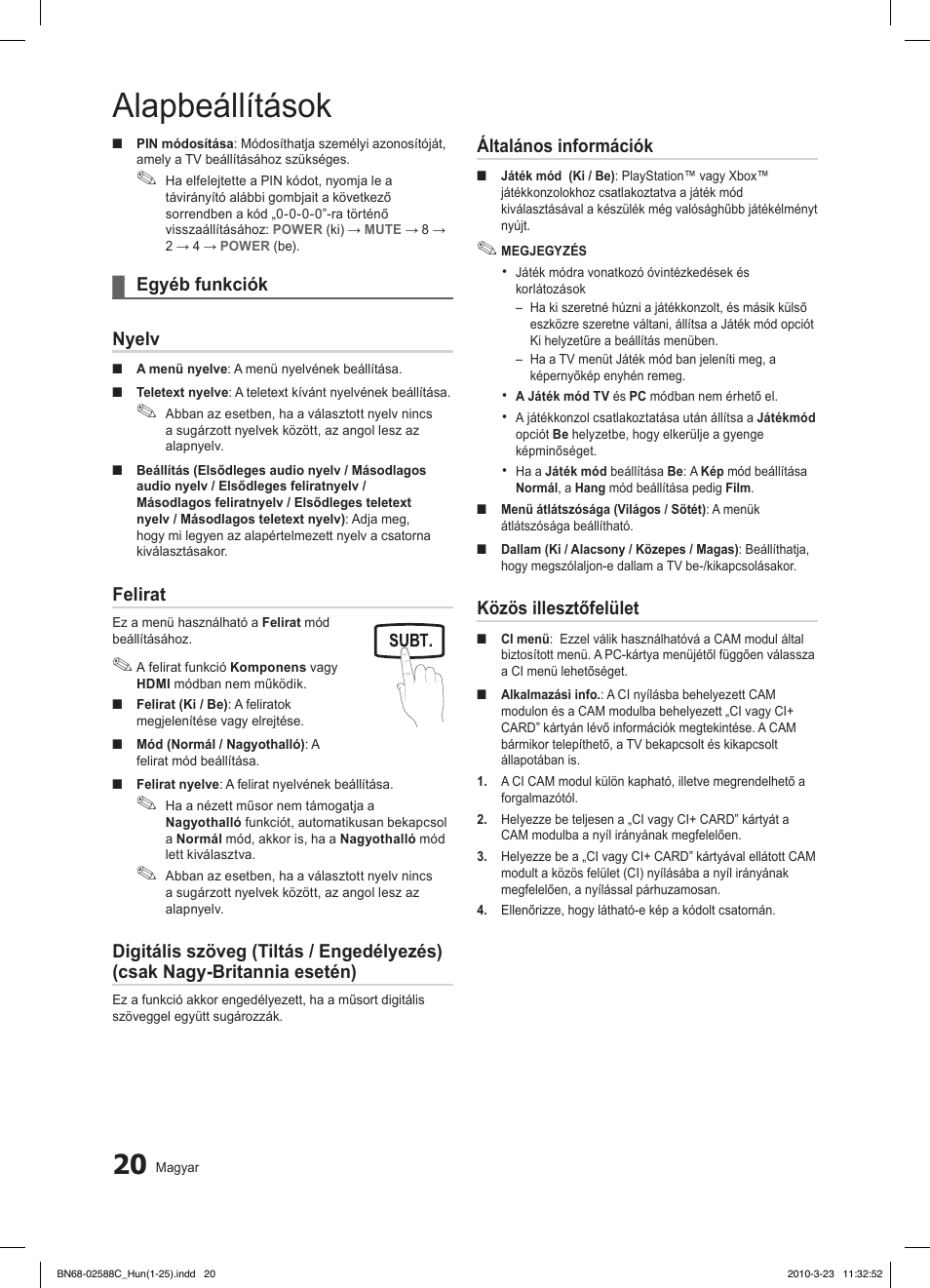 Alapbeállítások, Fav.ch p.mode dual mts, Egyéb funkciók ¦ nyelv | Felirat, Általános információk, Közös illesztőfelület, Media.p | Samsung LE19C350D1W User Manual | Page 53 / 331