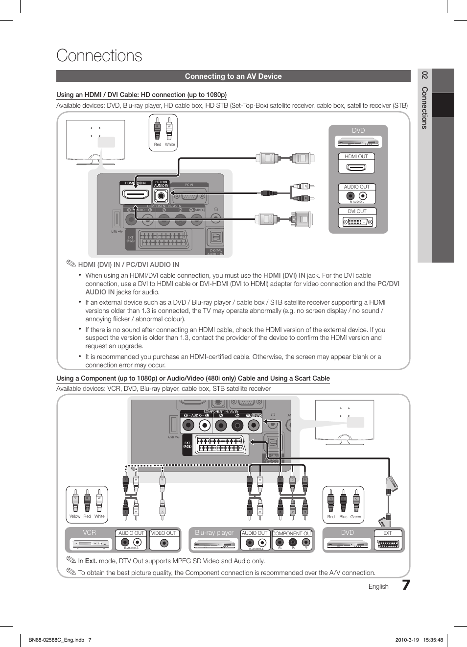 Connections, 02 connections, Connecting to an av device | English, Dvd blu-ray player dvd vcr | Samsung LE19C350D1W User Manual | Page 7 / 331