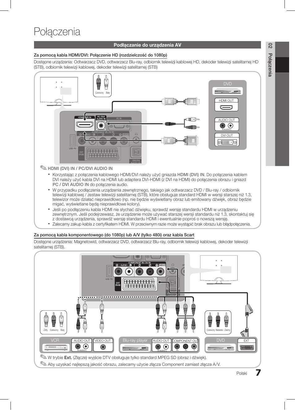 Połączenia, 02 połączenia, Podłączanie do urządzenia av | Polski, Blu-ray player dvd vcr | Samsung LE19C350D1W User Manual | Page 73 / 331