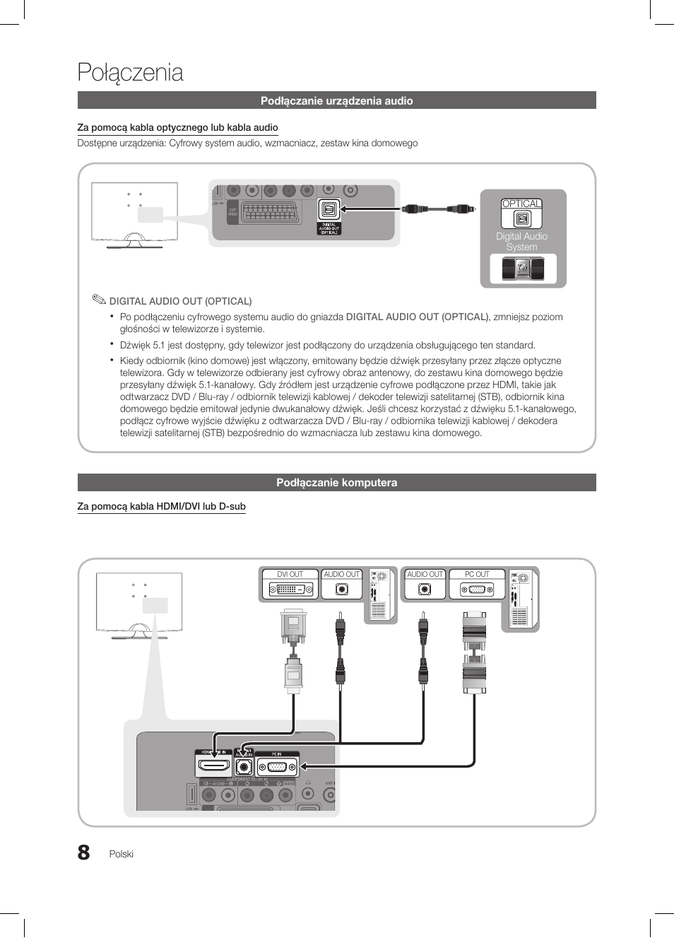 Połączenia, Podłączanie urządzenia audio, Podłączanie komputera | Samsung LE19C350D1W User Manual | Page 74 / 331