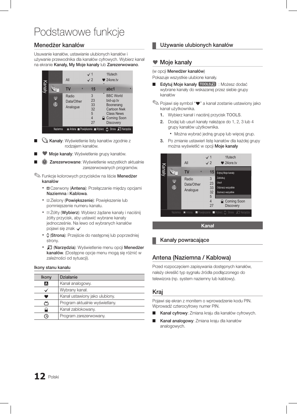 Podstawowe funkcje, Menedżer kanałów, Moje kanały | Antena (naziemna / kablowa), Kraj | Samsung LE19C350D1W User Manual | Page 78 / 331