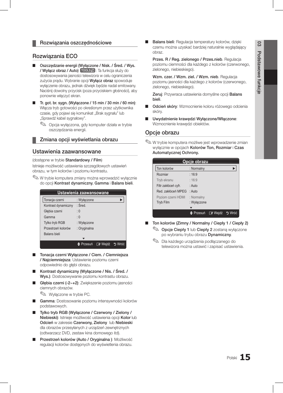 Rozwiązania eco, Ustawienia zaawansowane, Opcje obrazu | Samsung LE19C350D1W User Manual | Page 81 / 331