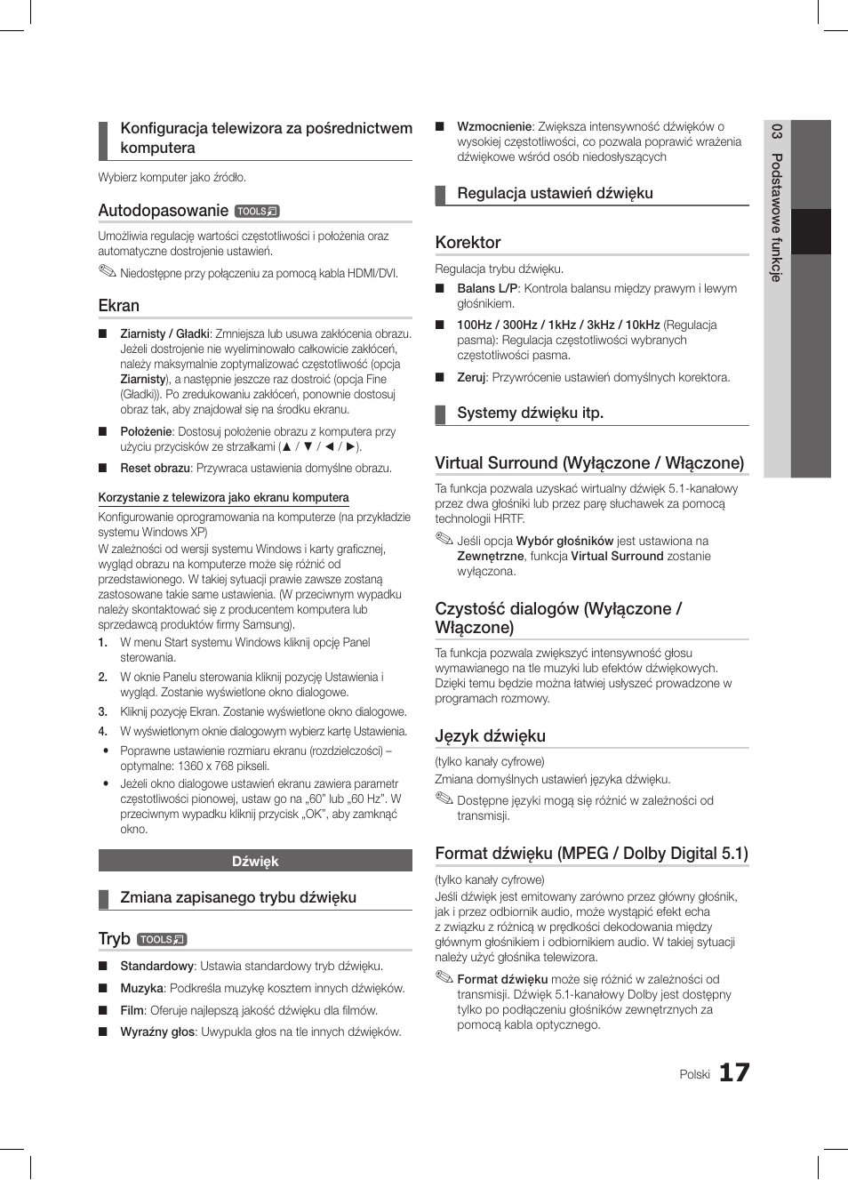 Autodopasowanie, Ekran, Tryb | Korektor, Virtual surround (wyłączone / włączone), Czystość dialogów (wyłączone / włączone), Język dźwięku, Format dźwięku (mpeg / dolby digital 5.1) | Samsung LE19C350D1W User Manual | Page 83 / 331