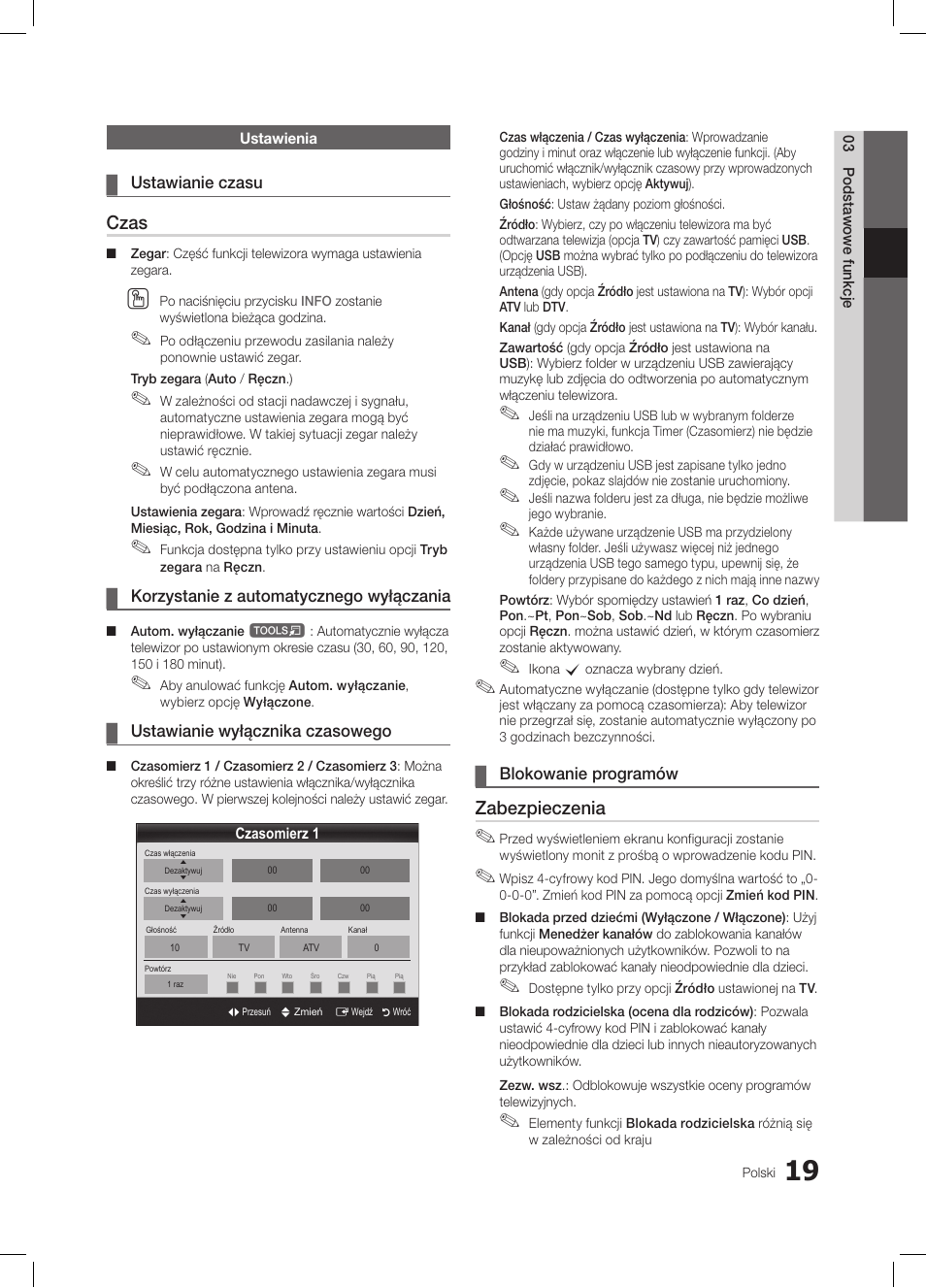 Czas, Zabezpieczenia | Samsung LE19C350D1W User Manual | Page 85 / 331