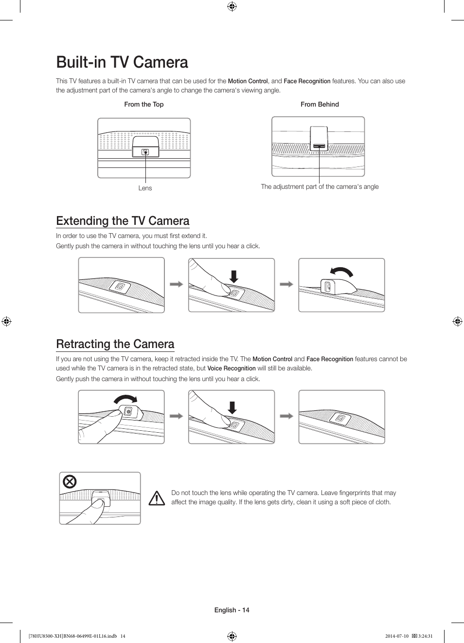 Built-in tv camera, Extending the tv camera, Retracting the camera | 경고 주의 경고 주의 | Samsung UE78HU8500T User Manual | Page 14 / 385