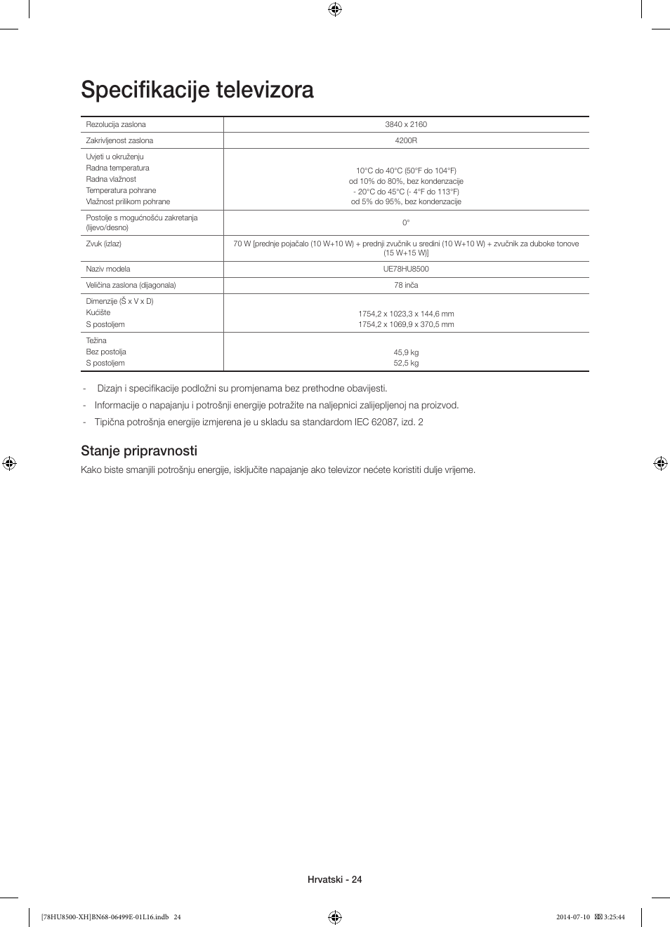Specifikacije televizora, Stanje pripravnosti | Samsung UE78HU8500T User Manual | Page 144 / 385