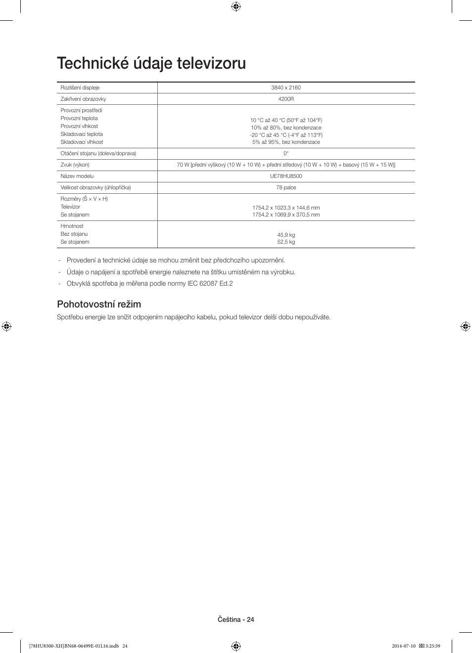 Technické údaje televizoru, Pohotovostní režim | Samsung UE78HU8500T User Manual | Page 168 / 385