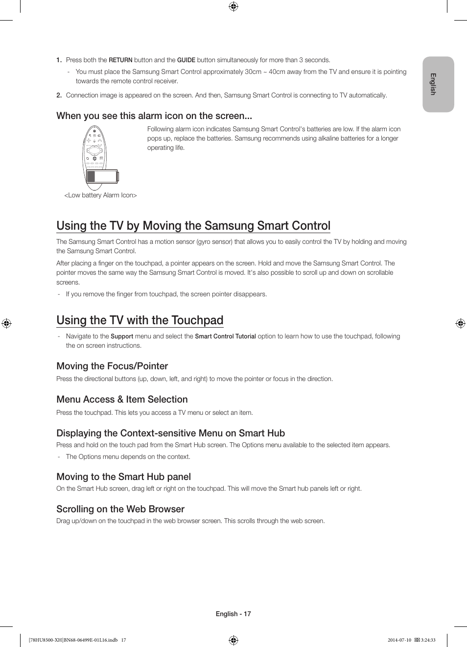 Using the tv by moving the samsung smart control, Using the tv with the touchpad, When you see this alarm icon on the screen | Moving the focus/pointer, Menu access & item selection, Displaying the context-sensitive menu on smart hub, Moving to the smart hub panel, Scrolling on the web browser | Samsung UE78HU8500T User Manual | Page 17 / 385