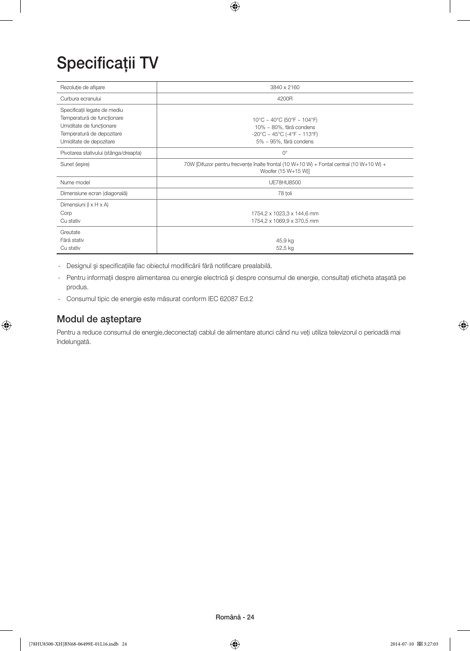 Specificaţii tv, Modul de aşteptare | Samsung UE78HU8500T User Manual | Page 216 / 385