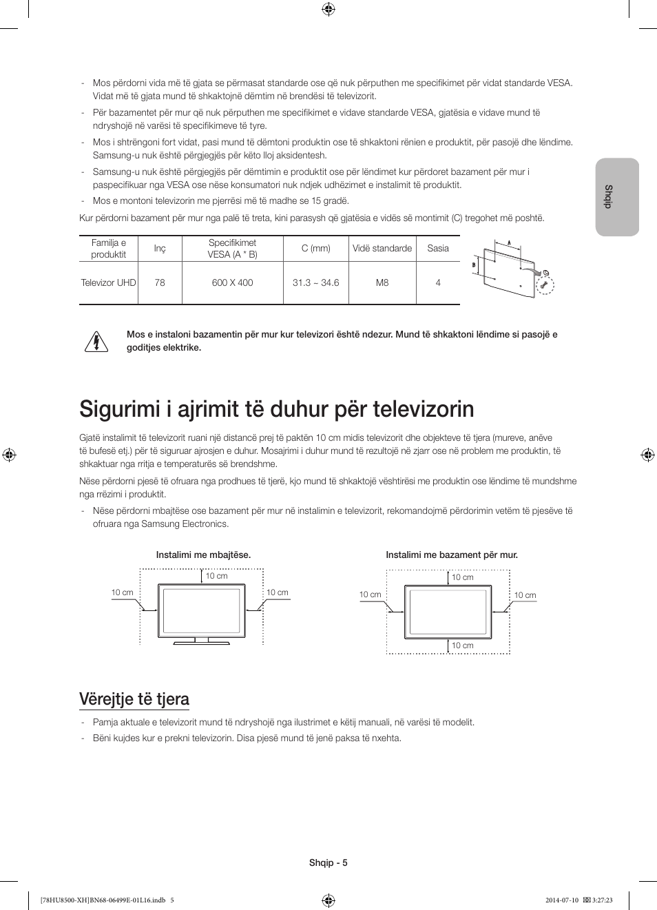 Sigurimi i ajrimit të duhur për televizorin, Vërejtje të tjera | Samsung UE78HU8500T User Manual | Page 245 / 385