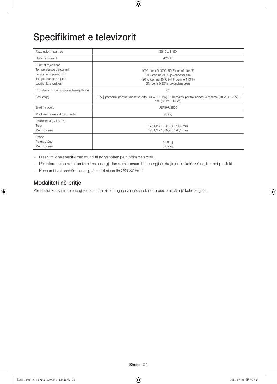 Specifikimet e televizorit, Modaliteti në pritje | Samsung UE78HU8500T User Manual | Page 264 / 385