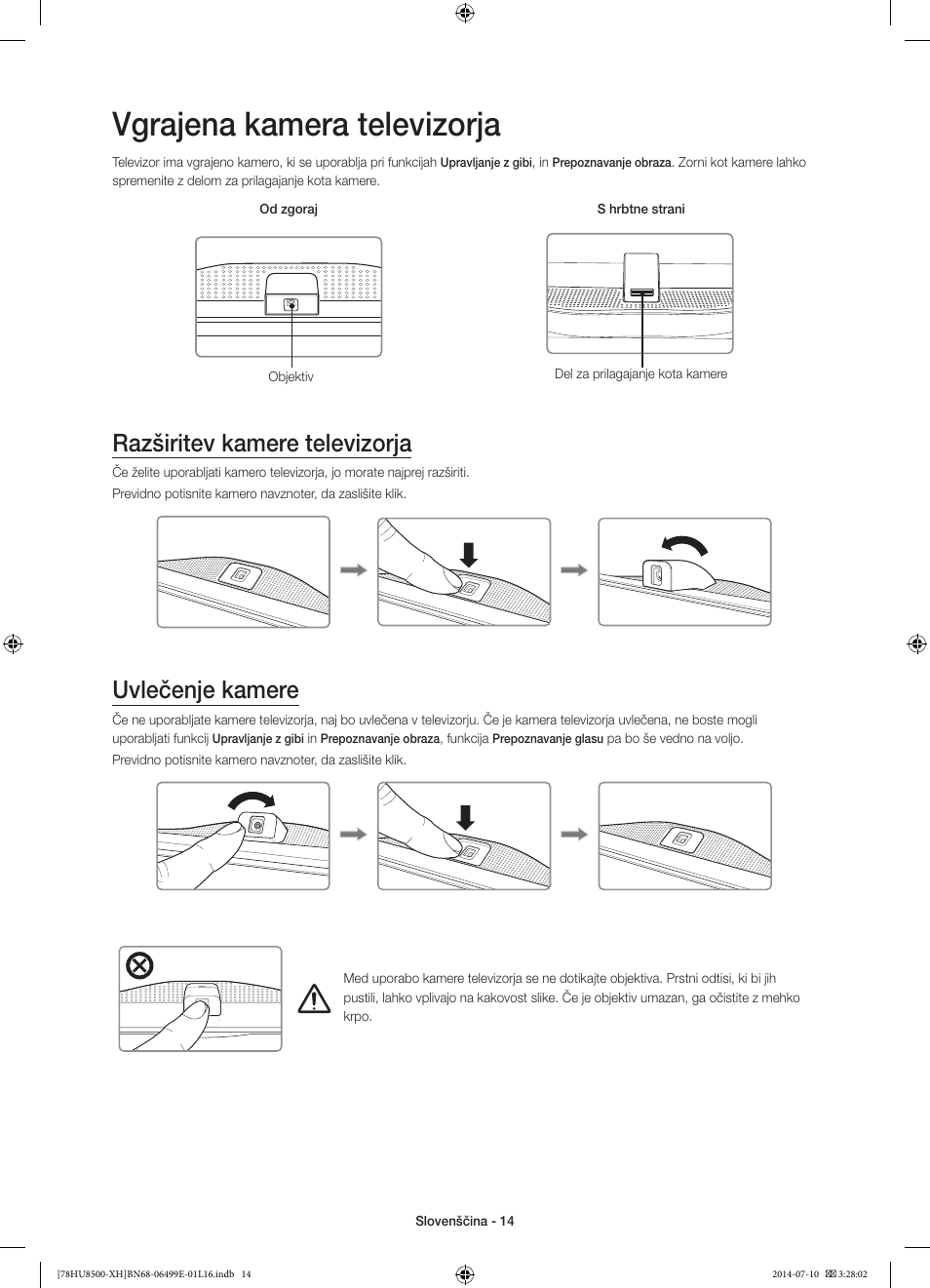 Vgrajena kamera televizorja, Razširitev kamere televizorja, Uvlečenje kamere | 경고 주의 경고 주의 | Samsung UE78HU8500T User Manual | Page 302 / 385