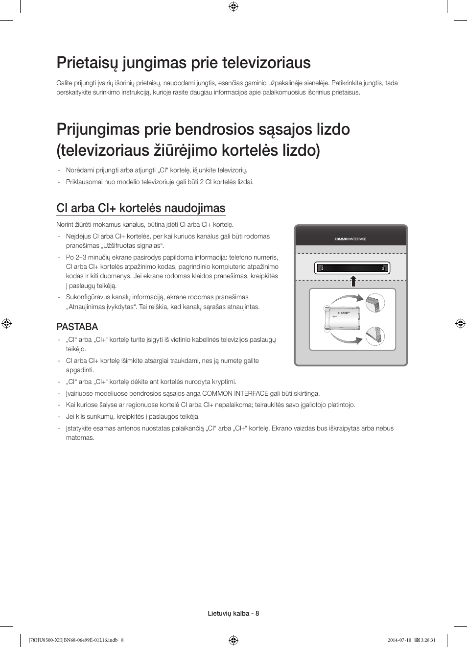 Prietaisų jungimas prie televizoriaus, Ci arba ci+ kortelės naudojimas, Pastaba | Samsung UE78HU8500T User Manual | Page 344 / 385