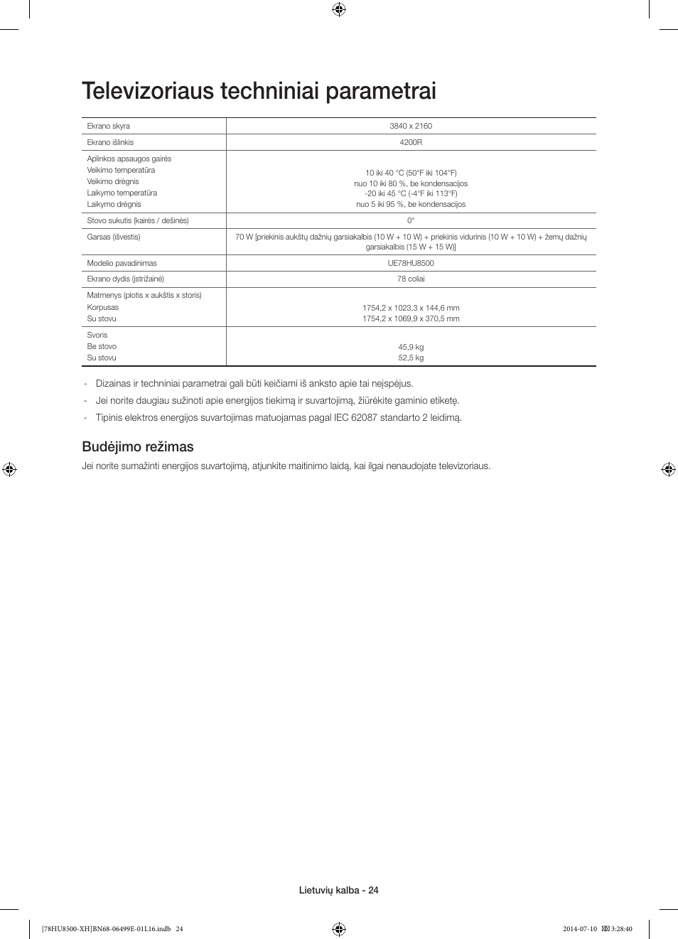 Televizoriaus techniniai parametrai, Budėjimo režimas | Samsung UE78HU8500T User Manual | Page 360 / 385