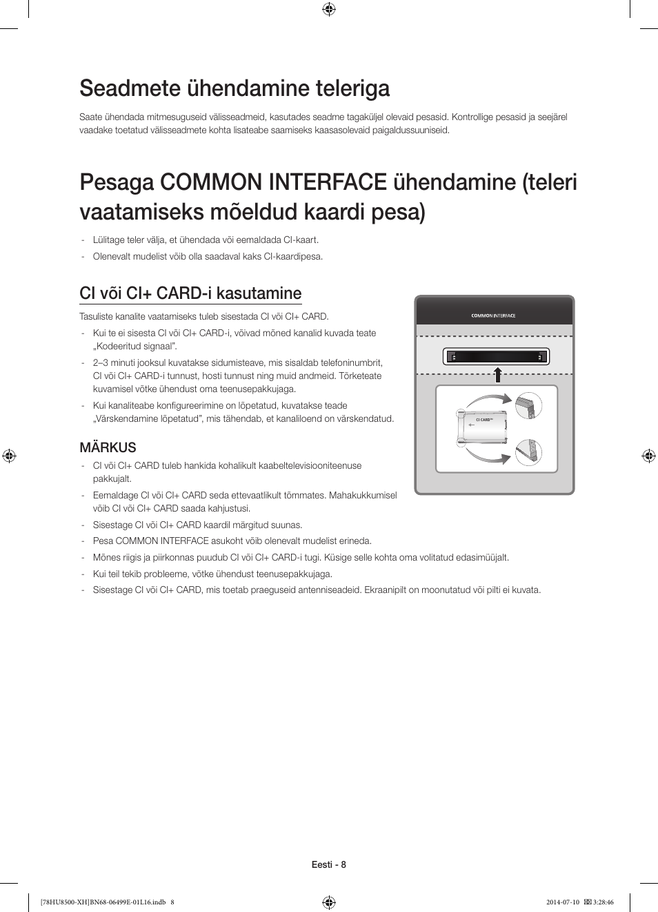 Seadmete ühendamine teleriga, Ci või ci+ card-i kasutamine, Märkus | Samsung UE78HU8500T User Manual | Page 368 / 385