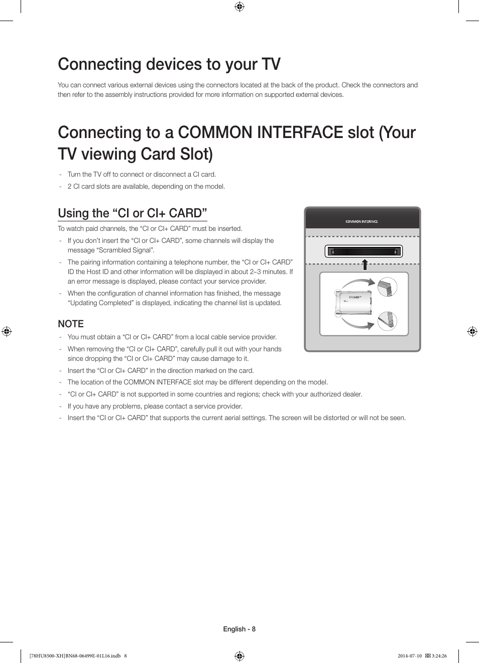 Connecting devices to your tv, Using the “ci or ci+ card | Samsung UE78HU8500T User Manual | Page 8 / 385