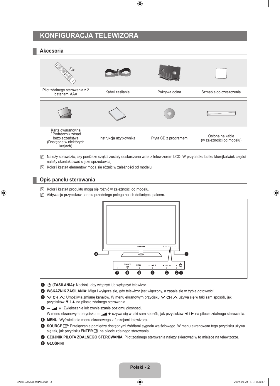 Konfiguracja telewizora, Akcesoria, Opis panelu sterowania | Samsung LE46B750U1W User Manual | Page 148 / 680