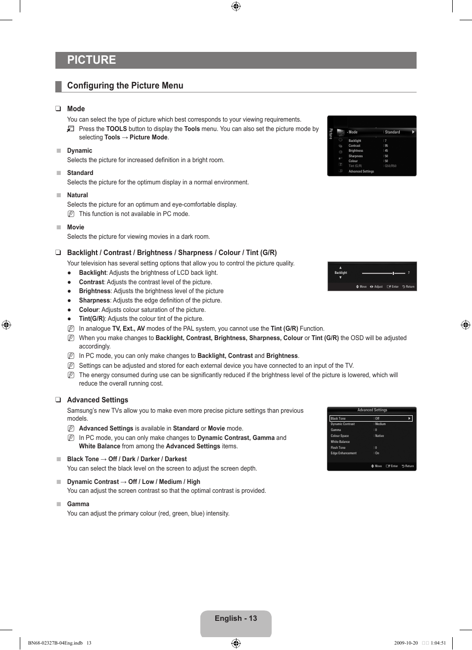 Picture, Configuring the picture menu, English - 13 | Mode, Advanced settings | Samsung LE46B750U1W User Manual | Page 15 / 680