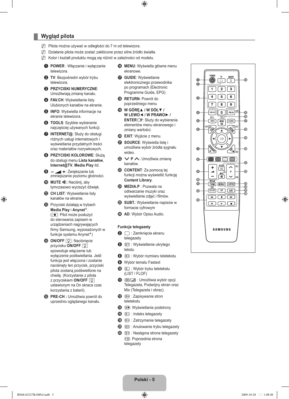 Wygląd pilota | Samsung LE46B750U1W User Manual | Page 151 / 680