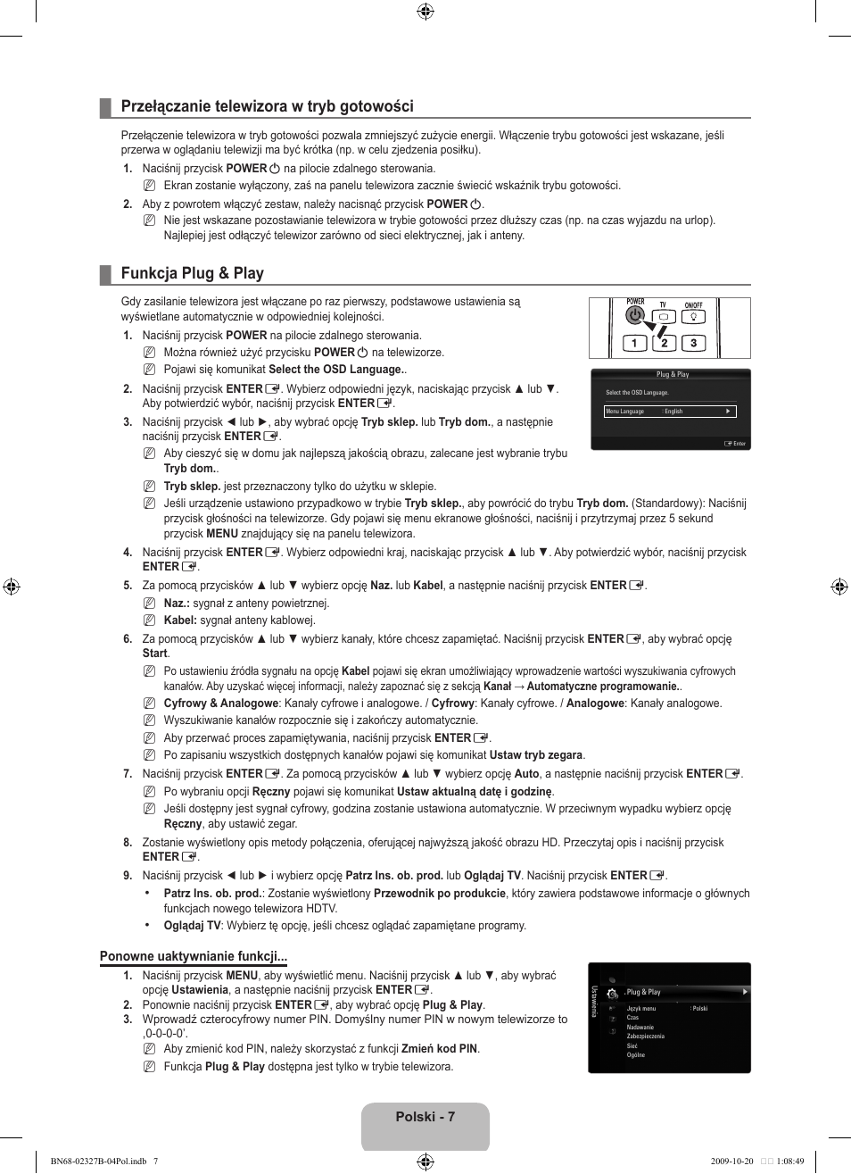 Przełączanie telewizora w tryb gotowości, Funkcja plug & play | Samsung LE46B750U1W User Manual | Page 153 / 680