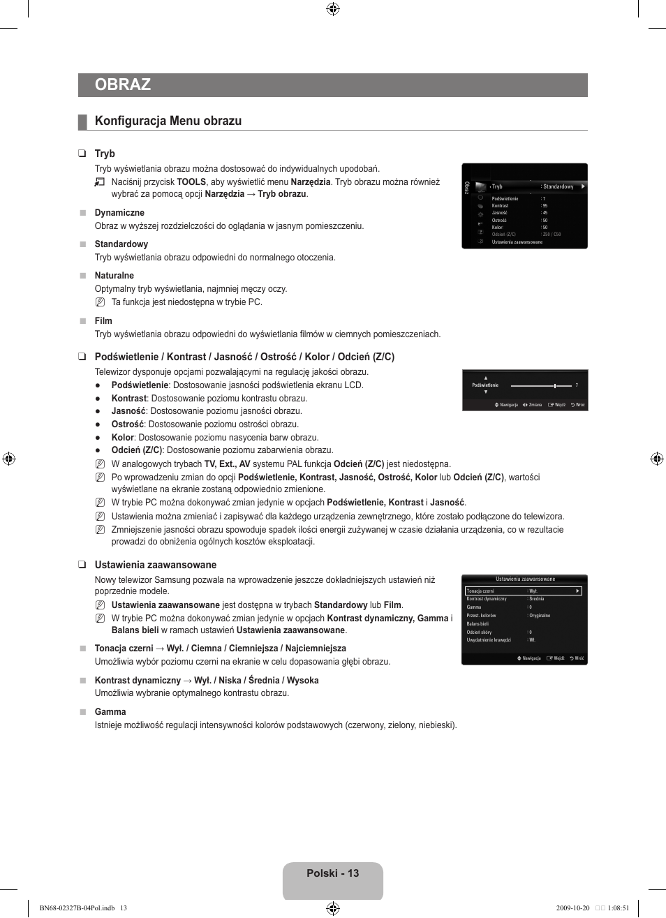 Obraz, Konfiguracja menu obrazu, Polski | Tryb, Ustawienia zaawansowane | Samsung LE46B750U1W User Manual | Page 159 / 680