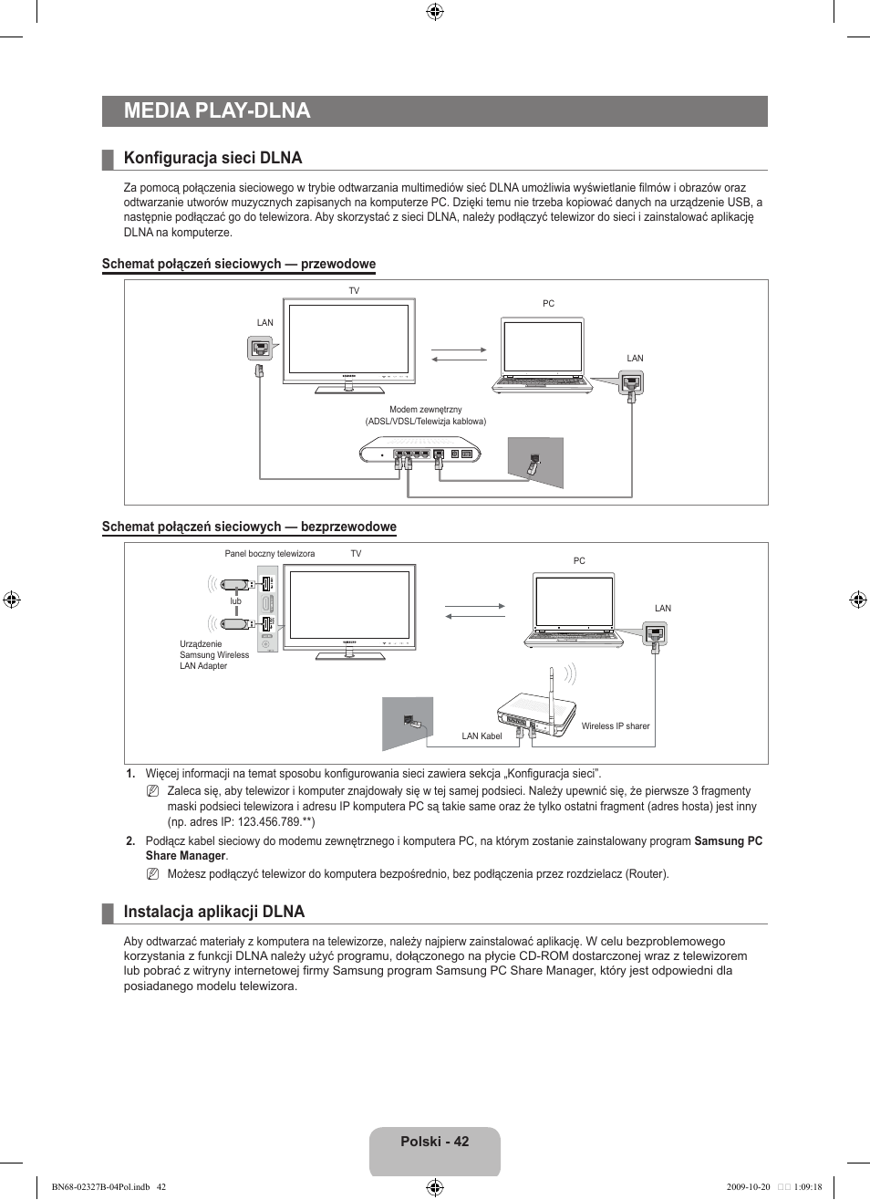 Media play-dlna, Konfiguracja sieci dlna, Instalacja aplikacji dlna | Samsung LE46B750U1W User Manual | Page 188 / 680