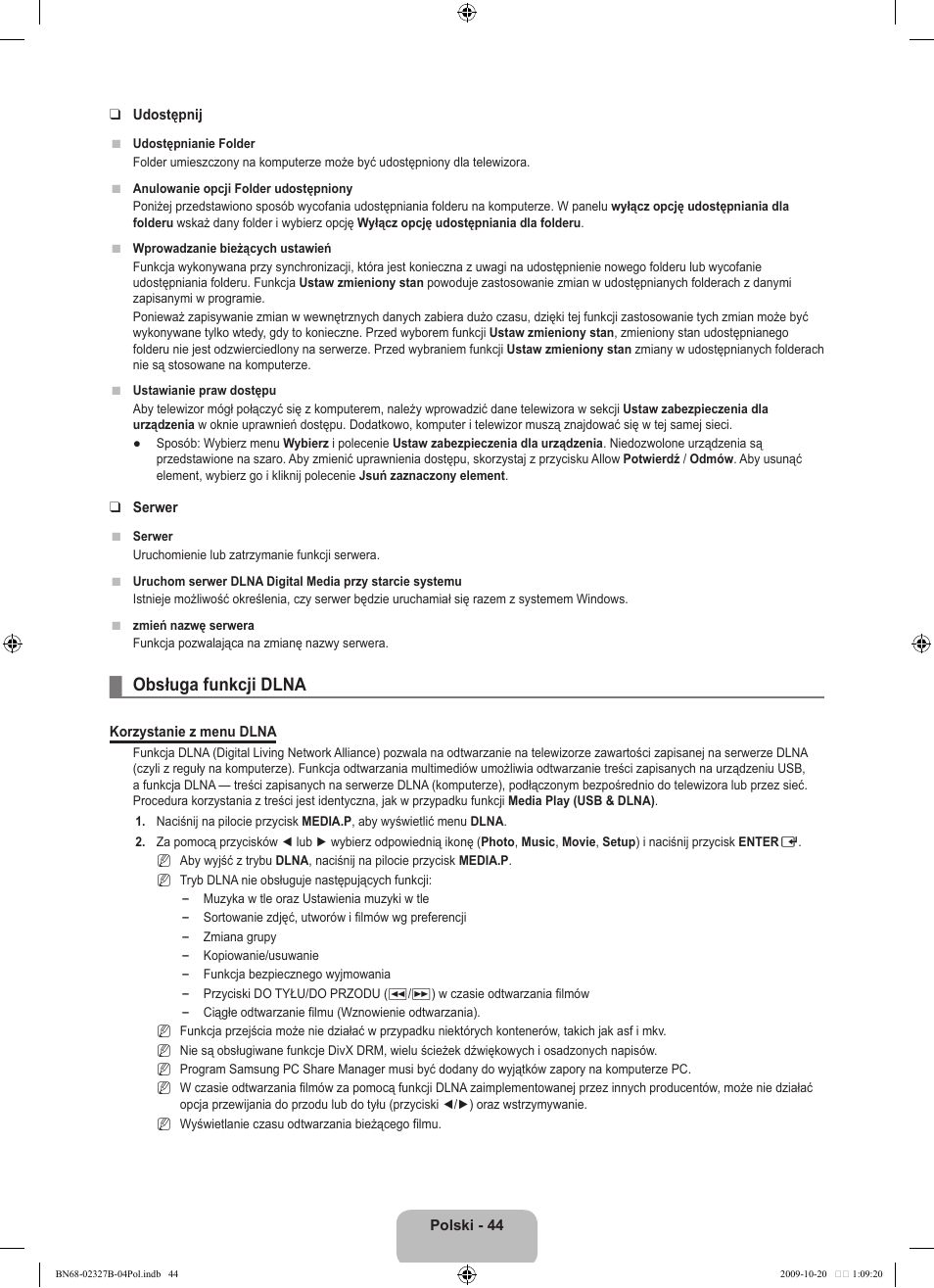 Obsługa funkcji dlna | Samsung LE46B750U1W User Manual | Page 190 / 680