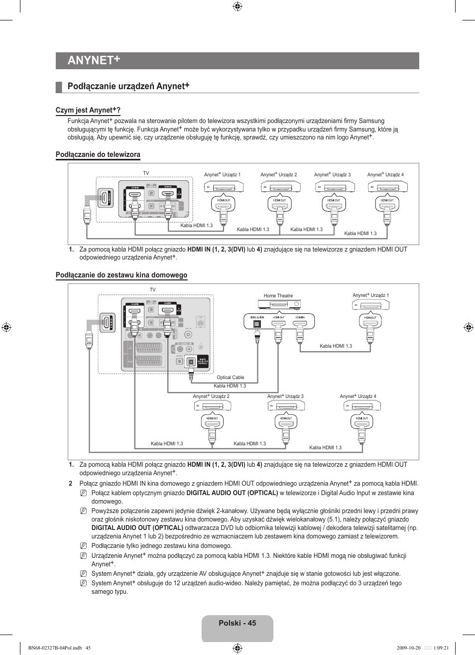 Anynet, Podłączanie urządzeń anynet | Samsung LE46B750U1W User Manual | Page 191 / 680