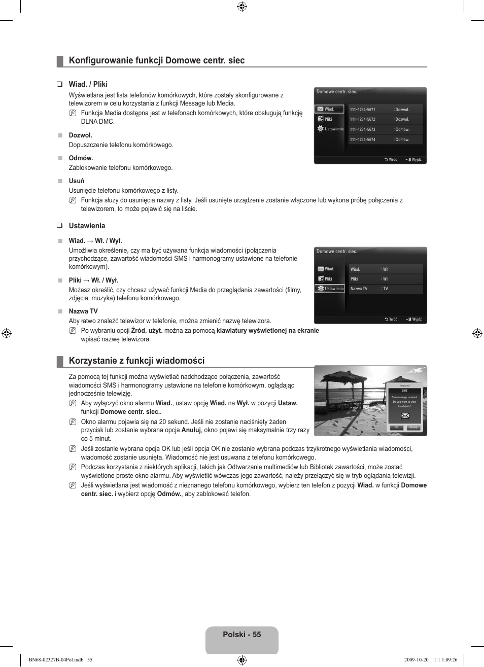 Konfigurowanie funkcji domowe centr. siec, Korzystanie z funkcji wiadomości, Polski | Wiad. / pliki, Ustawienia | Samsung LE46B750U1W User Manual | Page 201 / 680