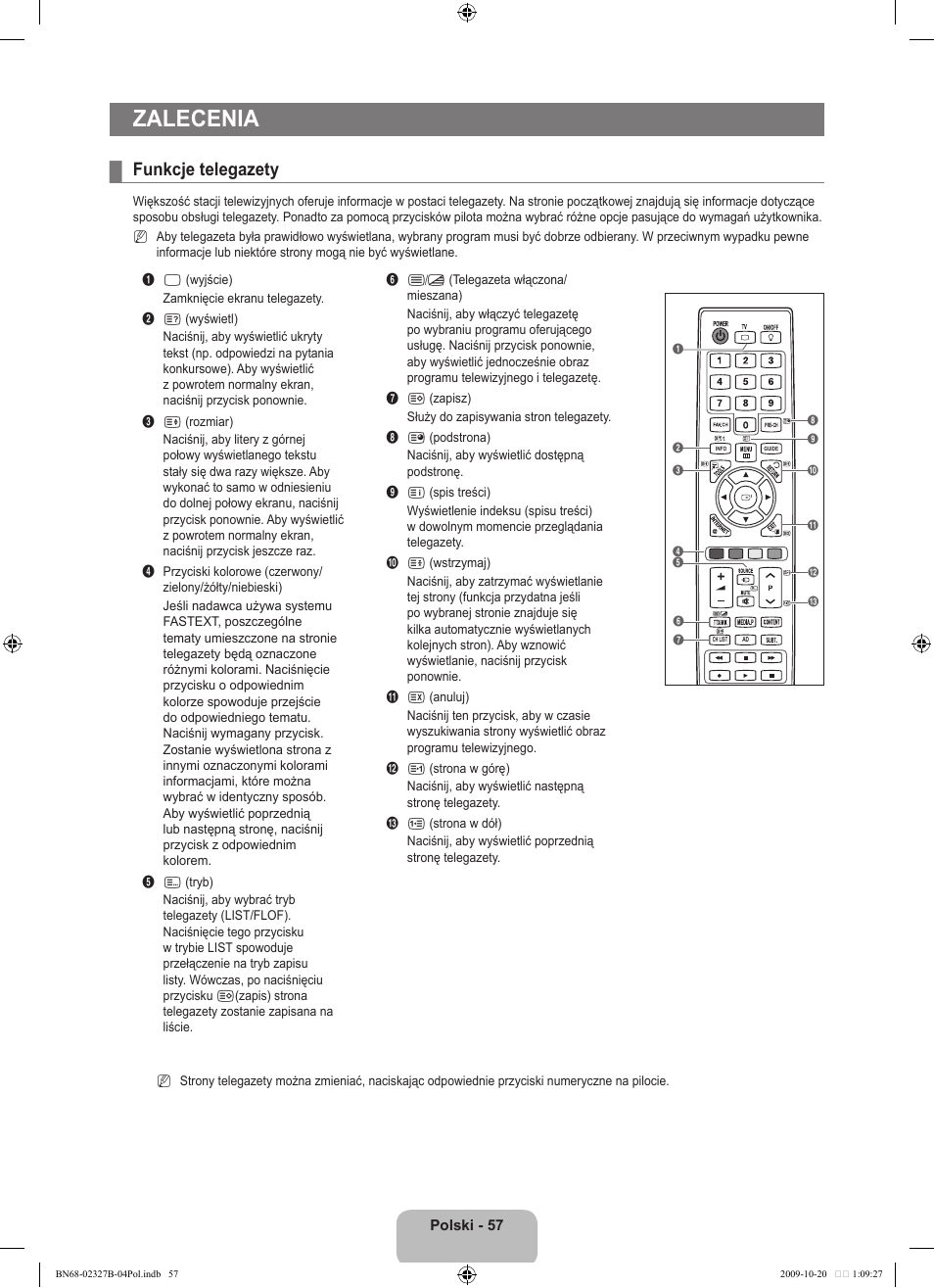 Zalecenia, Funkcje telegazety | Samsung LE46B750U1W User Manual | Page 203 / 680