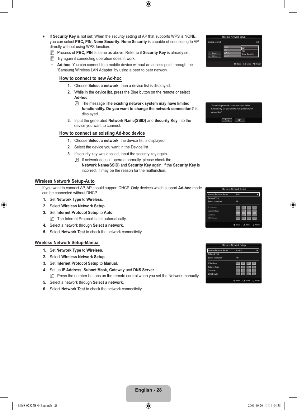 English - 28, How to connect to new ad-hoc, How to connect an existing ad-hoc device | Wireless network setup-auto, Wireless network setup-manual | Samsung LE46B750U1W User Manual | Page 30 / 680