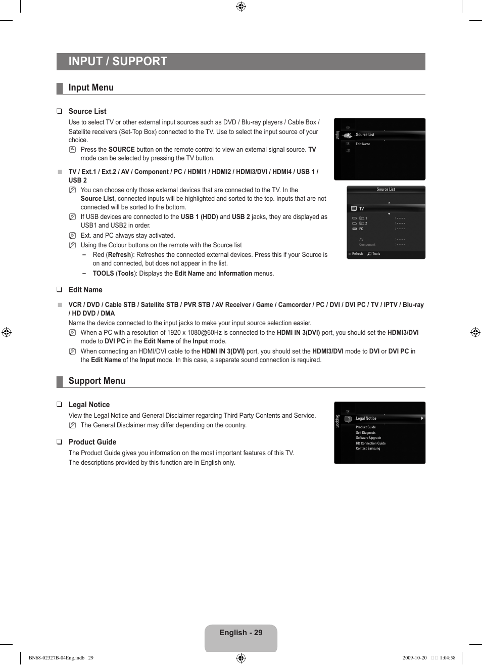 Input / support, Input menu, Support menu | Samsung LE46B750U1W User Manual | Page 31 / 680