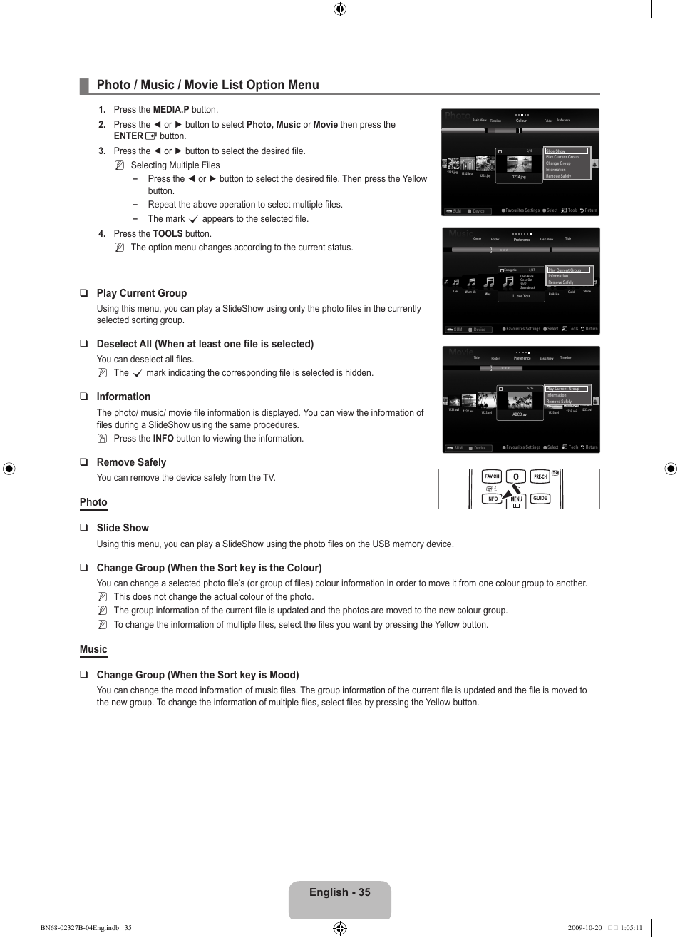 Photo / music / movie list option menu, English - 35, Play current group | Deselect all (when at least one file is selected), Information, Remove safely, Photo slide show, Change group (when the sort key is the colour), Music change group (when the sort key is mood), You can remove the device safely from the tv | Samsung LE46B750U1W User Manual | Page 37 / 680