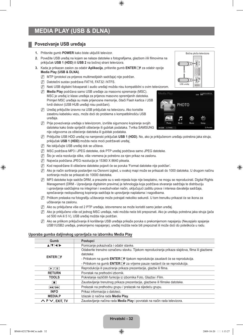 Media play (usb & dlna), Povezivanje usb uređaja, Photo | Samsung LE46B750U1W User Manual | Page 376 / 680
