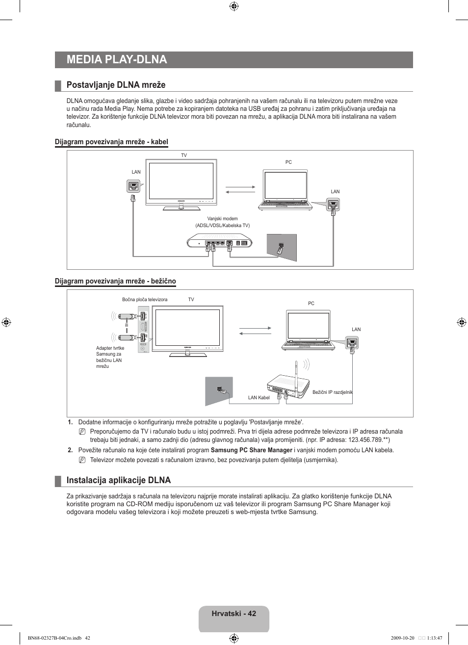 Media play-dlna, Postavljanje dlna mreže, Instalacija aplikacije dlna | Samsung LE46B750U1W User Manual | Page 386 / 680