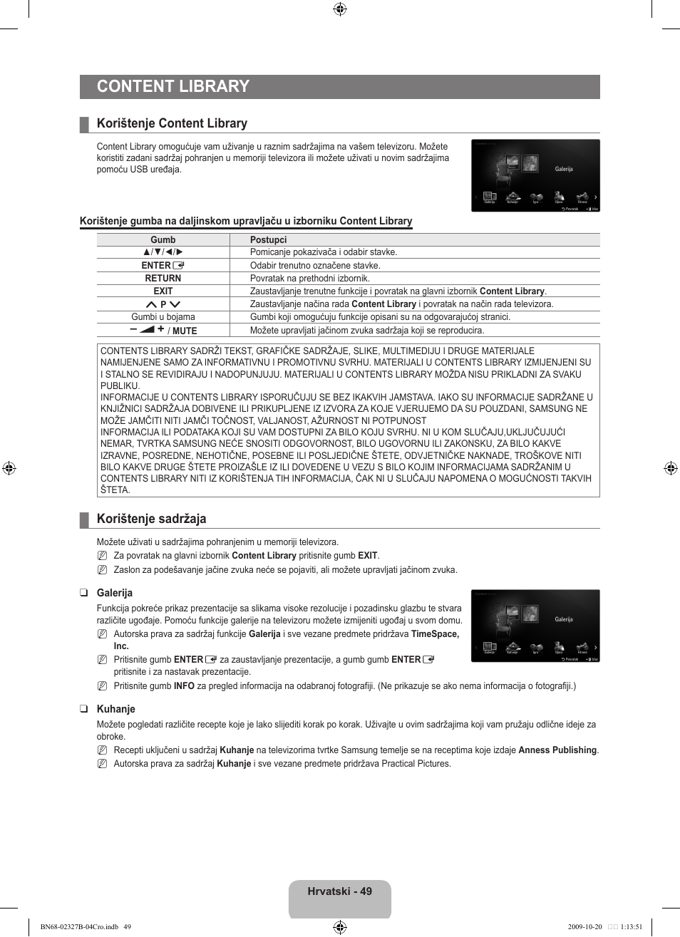 Content library, Korištenje content library, Korištenje sadržaja | Samsung LE46B750U1W User Manual | Page 393 / 680