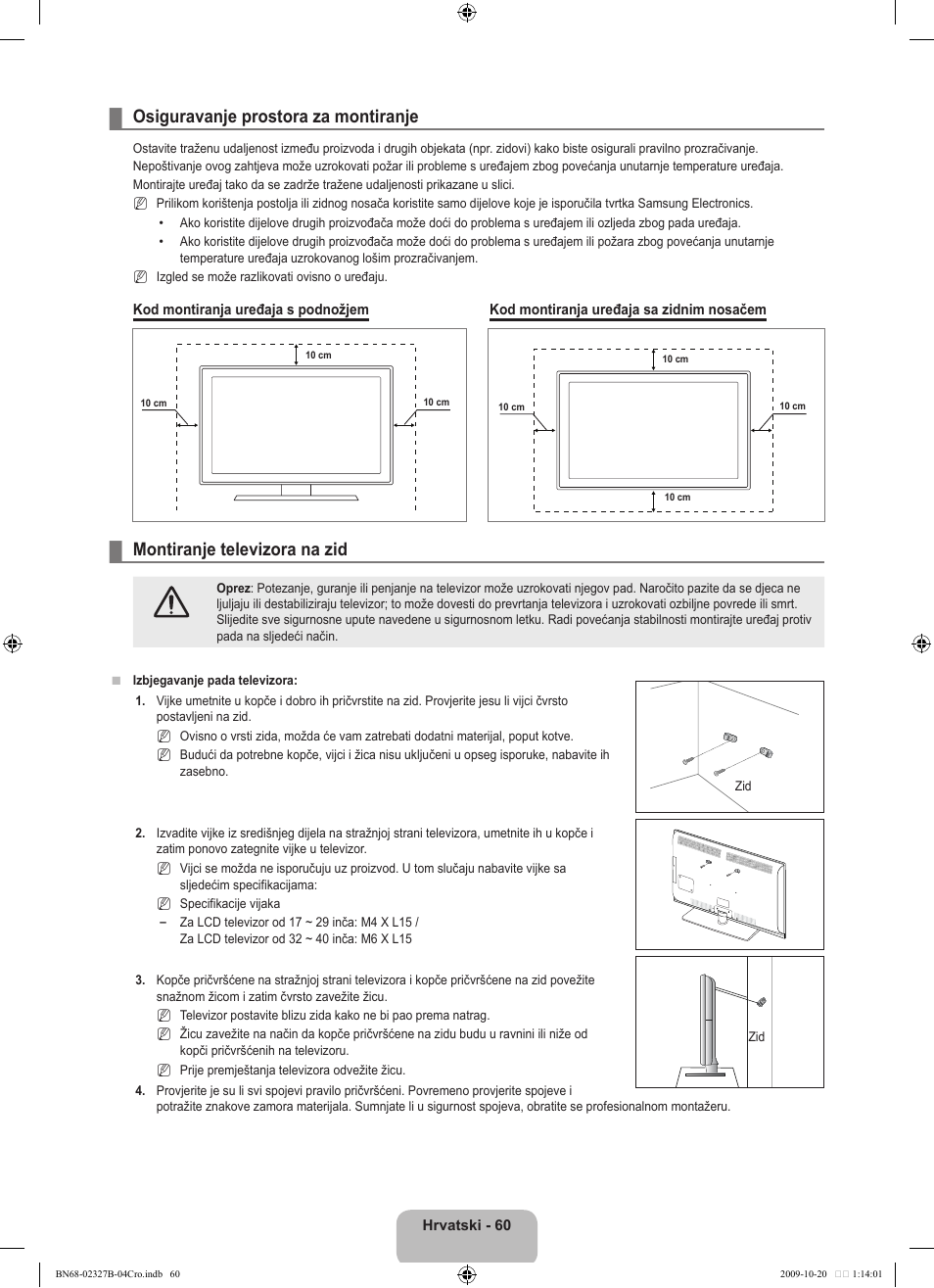 Osiguravanje prostora za montiranje, Montiranje televizora na zid | Samsung LE46B750U1W User Manual | Page 404 / 680