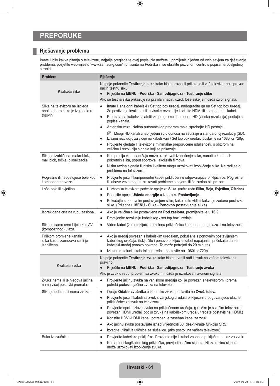 Preporuke, Rješavanje problema | Samsung LE46B750U1W User Manual | Page 405 / 680